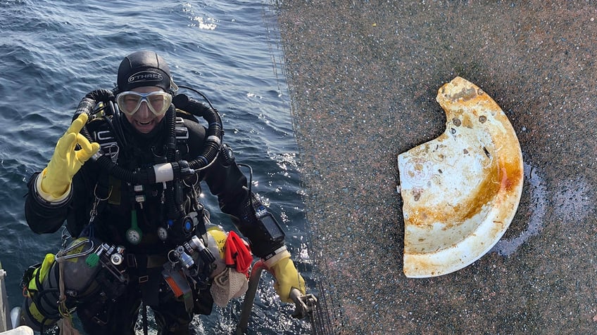 Split image of Dominic in scuba gear and a broken plate