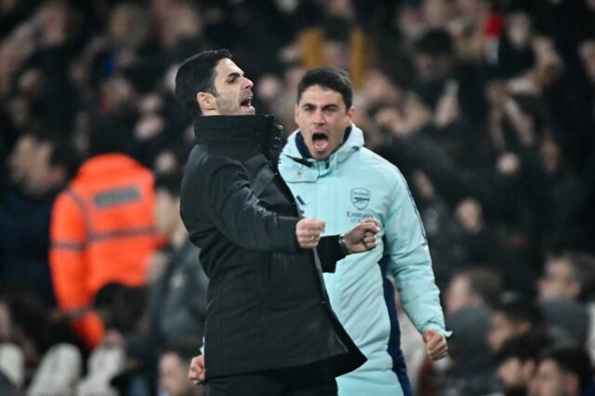 Arsenal manager Mikel Arteta celebrates after the win against Tottenham