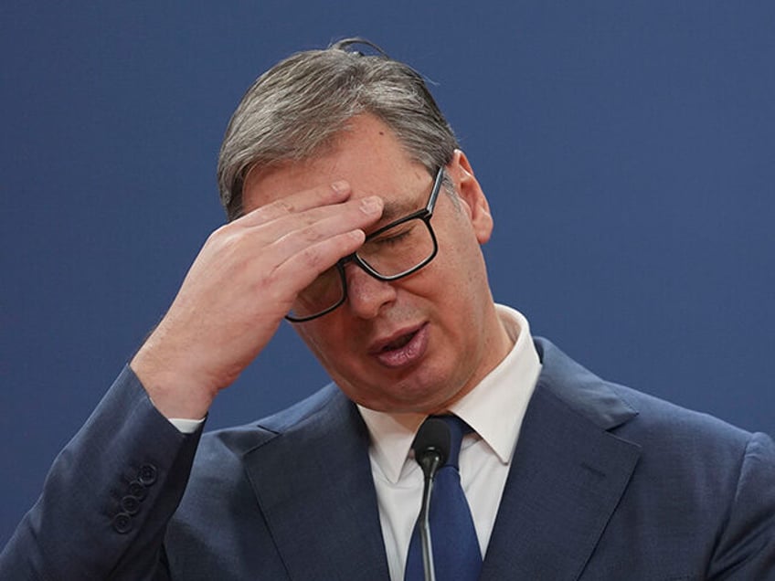 Serbian President Aleksandar Vucic speaks during a news conference with Slovakia's Prime M