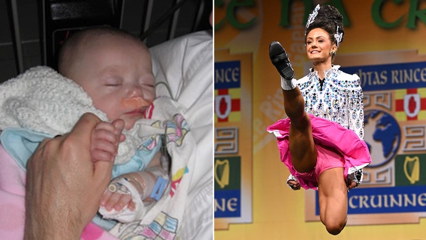 baby with nasal cannula split with woman in irish dance dress doing a jump