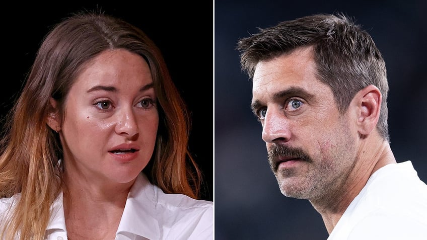 Shailene Woodley in a white blouse looks serious during a conversation split Aaron Rodgers looks serious walking on the field with a pronounced mustache