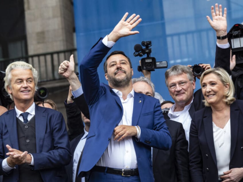 Matteo Salvini, Italy's deputy prime minister, center, waves while on stage with Geert Wilders, leader of the Dutch Freedom Party (PVV), left, Joerg Meuthen, co-leader of Alternative for Germany (AfD), third right, and Marine Le Pen, leader of the French nationalist National Rally party, second right, during a League Party …