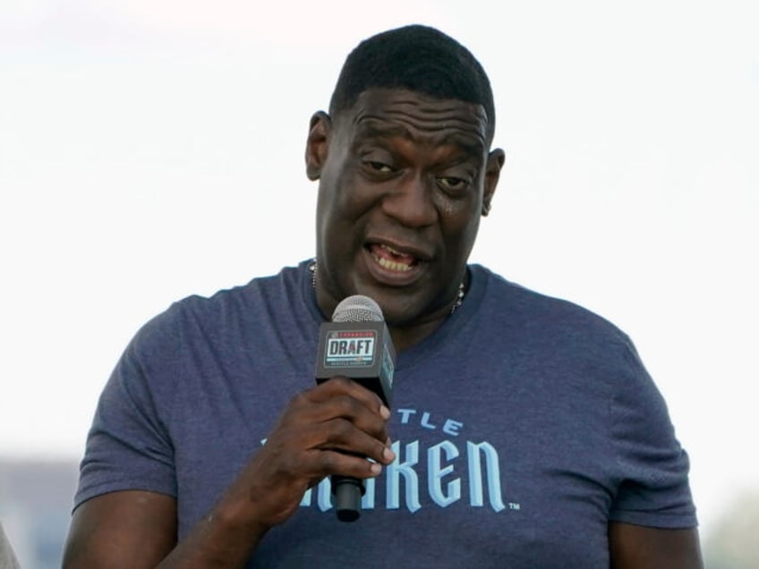 Former NBA basketball player Shawn Kemp speaks during the Seattle Kraken's NHL hockey