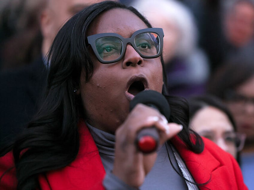 Rep. LaMonica McIver (D-NJ) speaks during the We Choose To Fight: Nobody Elected Elon rall