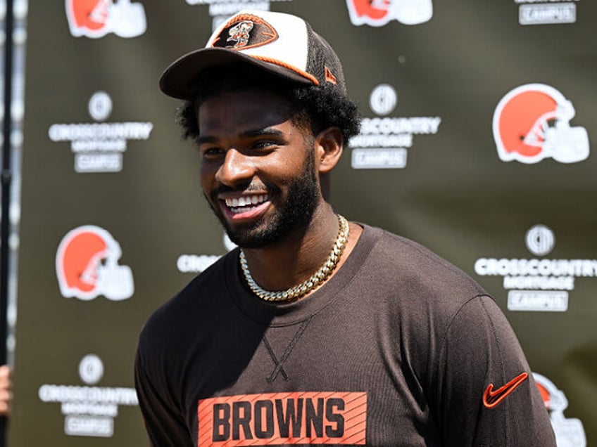 BEREA, OHIO - MAY 10: Shedeur Sanders #12 of the Cleveland Browns answers questions from t