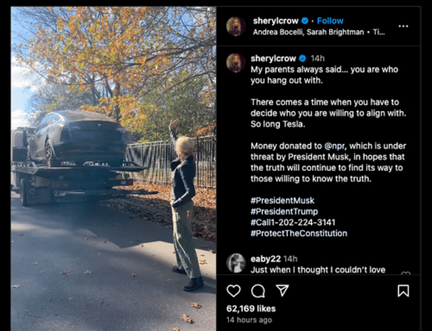 sheryl crow sells her tesla to fund npr fcc carr hilariously responds