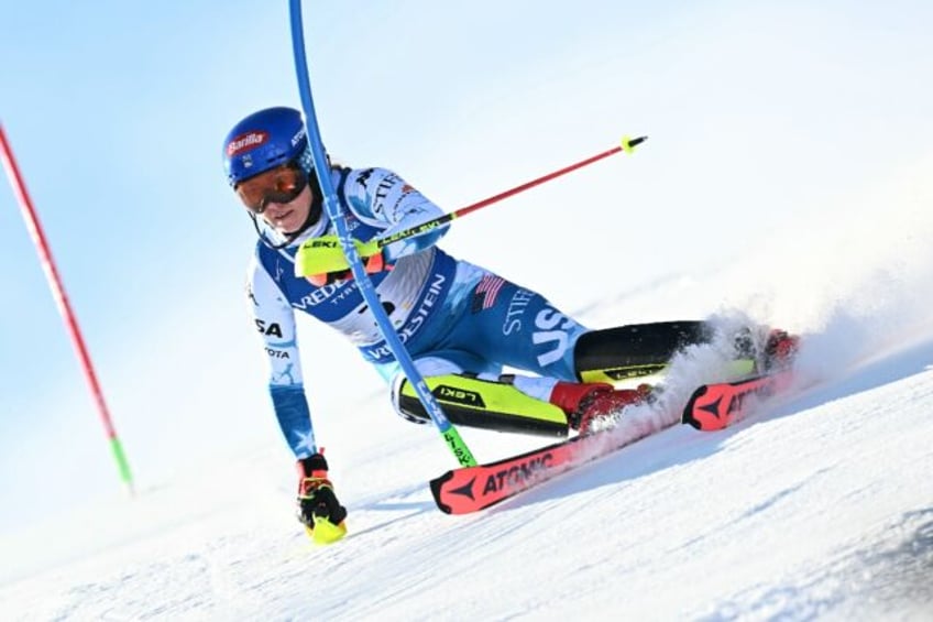 USA's Mikaela Shiffrin competes in the first run of the women's slalom