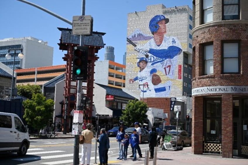 A mural showing Los Angeles Dodgers Japanese star Shohei Ohtani is Little Tokyo in downtow
