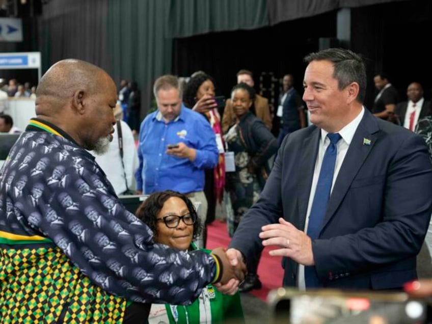 Leader of the main opposition Democratic Alliance John Steenhuisen, right, shakes hands wi