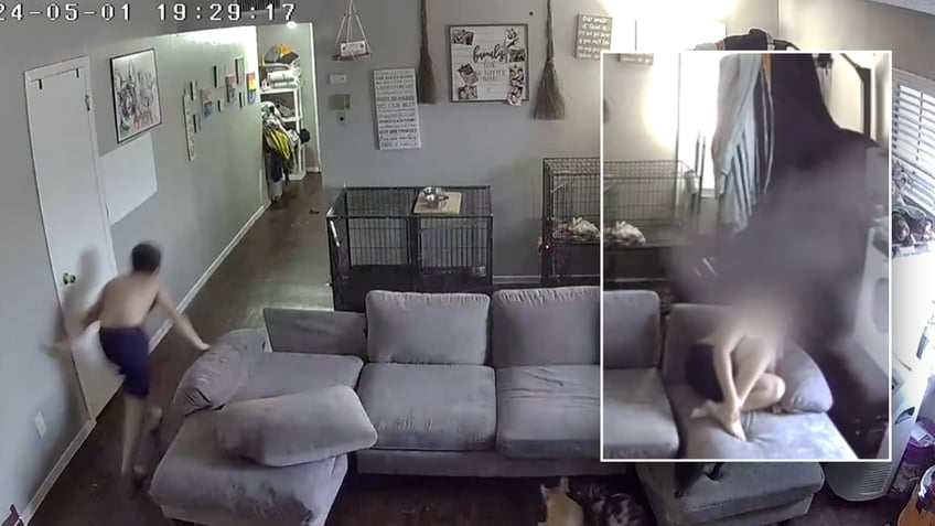 Split image of scared boy in living room