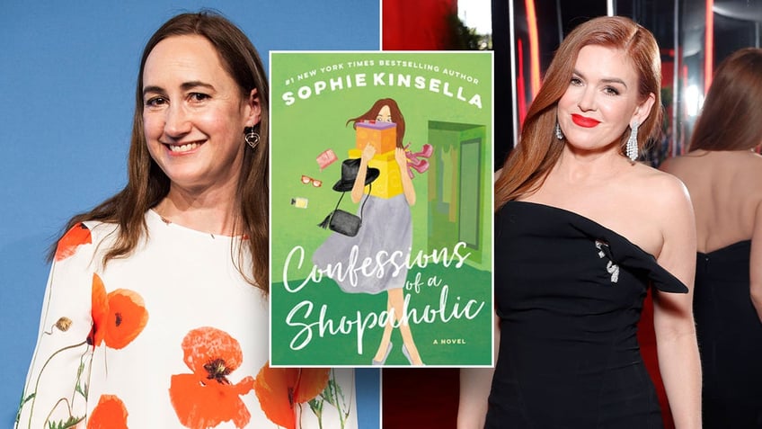 Side by side photos of Sophie Kinsella and Isla Fisher with an inset of the Confessions of a Shopaholic book cover over them