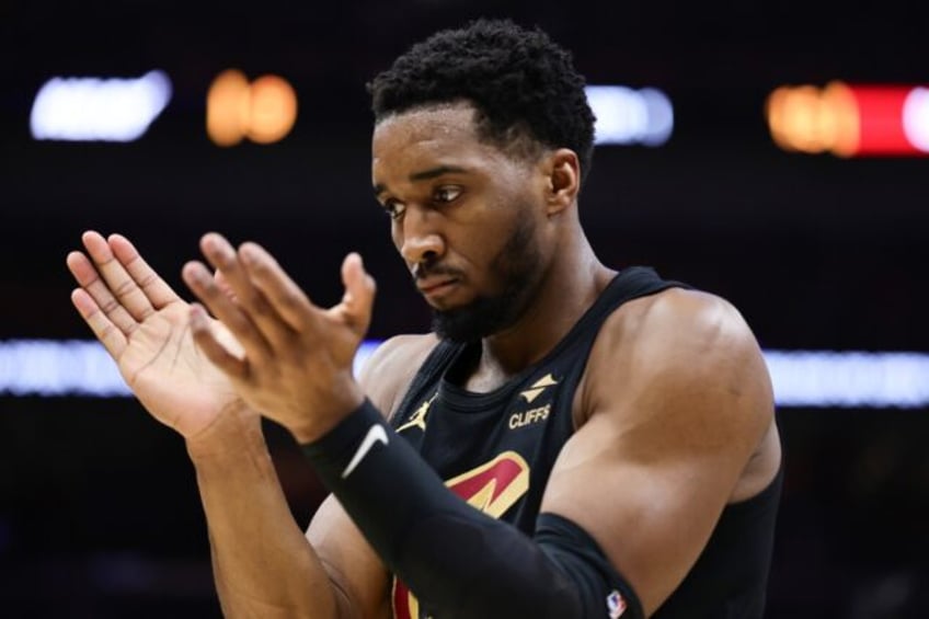 Donovan Mitchell of the Cleveland Cavaliers reacts during the Cavaliers' NBA victory over