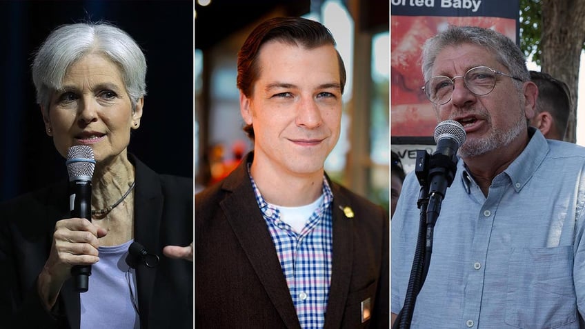 Jill Stein in a black blazer speaks into the microphone split Chase Oliver in a suit and checkered shirt looks directly into the camera and soft smiles split Randall Terry looks up while speaking into a microphone