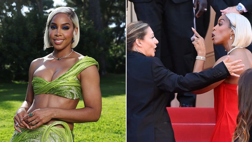 side by side of Kelly Rowland smiling and Kelly Rowland yelling at security guard