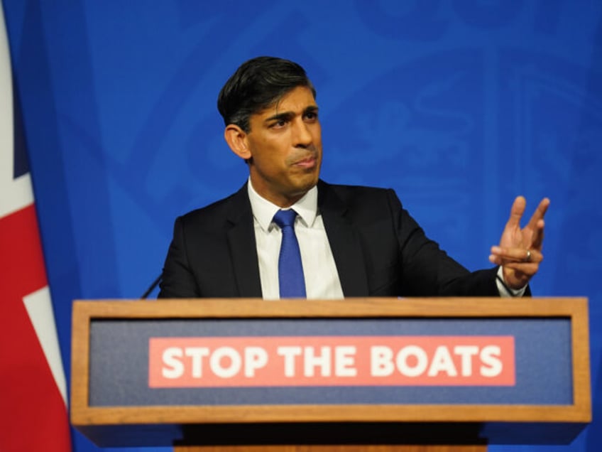 LONDON, ENGLAND - DECEMBER 7: Prime Minister Rishi Sunak conducts a press conference in the Downing Street Briefing Room, as he gives an update on the plan to "stop the boats" and illegal migration on December 7, 2023 in London, England. (Photo by James Manning - WPA Pool/Getty Images)