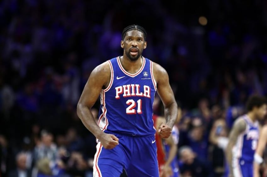 Philadelphia's Joel Embiid reacts during the fourth quarter of the 76ers NBA Play-in tourn