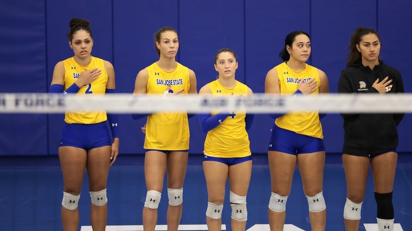 San Jose State Spartans players look on prior to the game against the Air Force Falcons at Falcon Court at East Gym on Oct. 19, 2024 in Colorado Springs, Colorado.