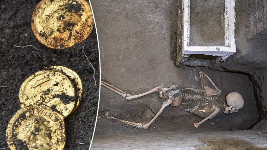 Gold coins next to a photo of a skeleton found in Pompeii