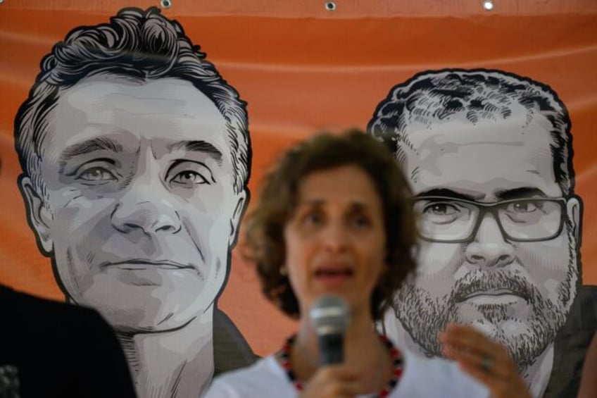 Alessandra Sampaio, widow of murdered British journalist Dom Phillips, speaks during a dem