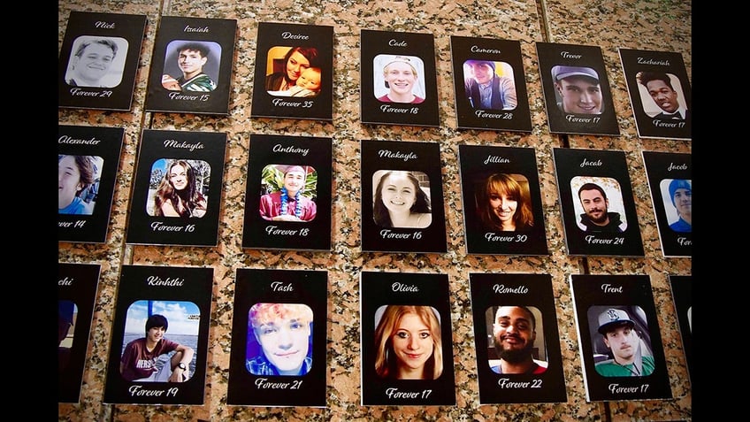 A close-up of photos belonging to victims of fentanyl.