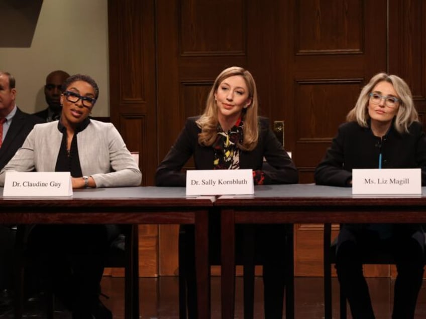 ATURDAY NIGHT LIVE -- "Adam Driver, Olivia Rodrigo" Episode 1851 -- Pictured: (l-r) Ego Nwodim as Dr. Claudine Gay, Heidi Gardner as Elizabeth Magill, and Chloe Fineman as Sally Kornbluth during the "College Presidents" Cold Open on Saturday, December 9, 2023 -- (Photo by: Will Heath/NBC via Getty Images)