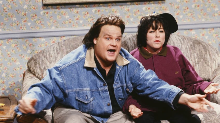 A photo of Chris Farley and Victoria Jackson on "SNL"