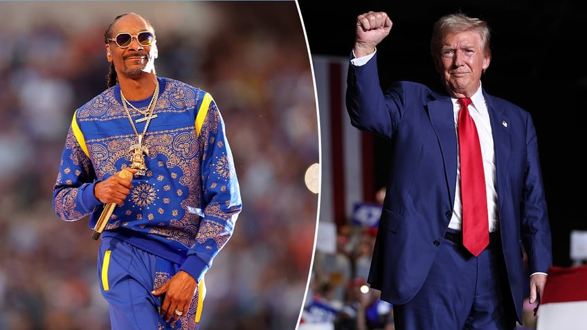 A split image of Snoop Dogg and President Donald Trump