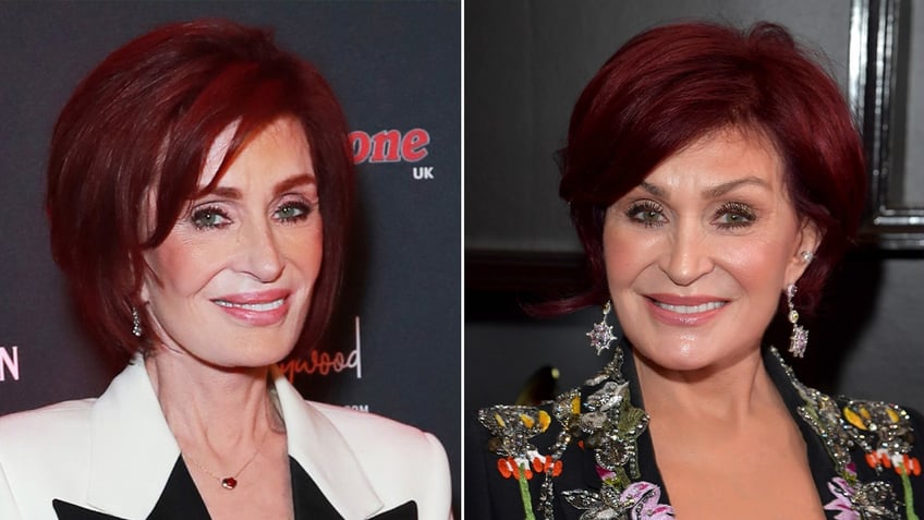 Sharon Osbourne side by side - she looks very thin in a white blazer split she looks healthy in a patterned jacket