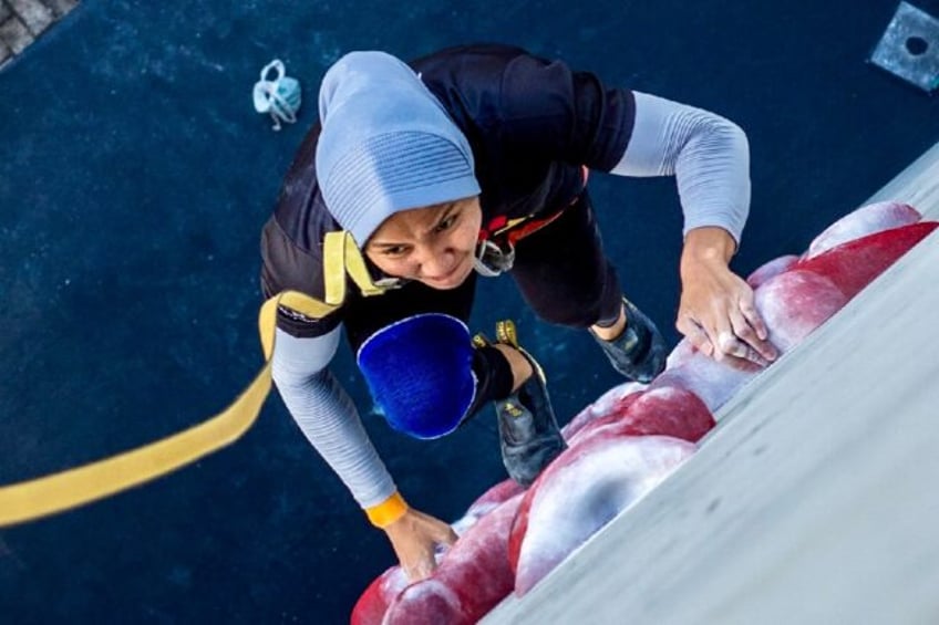 Indonesian climbing athlete Nurul Iqamah takes part in a training session in Bekasi, West