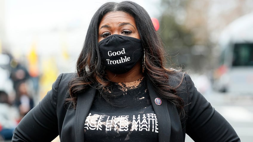 WASHINGTON, DC - MARCH 12: Rep. Cori Bush (D-MO) attends The National Council for Incarcerated Women and Girls "100 Women for 100 Women" rally in Black Lives Matter Plaza near The White House on March 12, 2021 in Washington, DC. The organization and its supporters are urging President Joe Biden to release 100 women currently incarcerated in federal prison. (Photo by Paul Morigi/Getty Images)