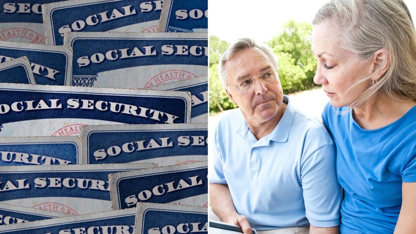 A couple concerned about their Social Security benefits look at each other.