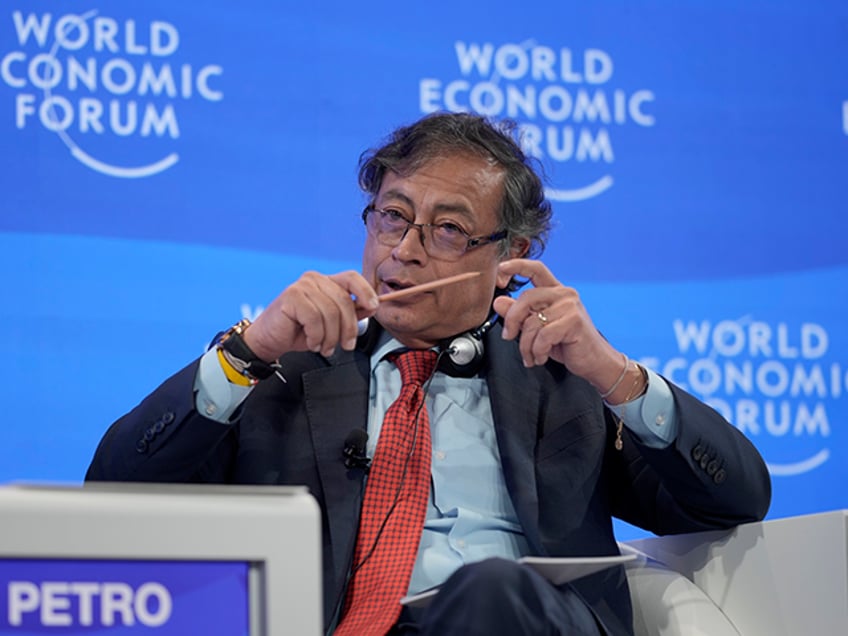 President of Colombia Gustavo Francisco Petro Urrego talks on a podium at the World Economic Forum in Davos, Switzerland, on Wednesday, Jan. 18, 2023. The annual meeting of the World Economic Forum is taking place in Davos from Jan. 16 until Jan. 20, 2023. (AP Photo/Markus Schreiber)