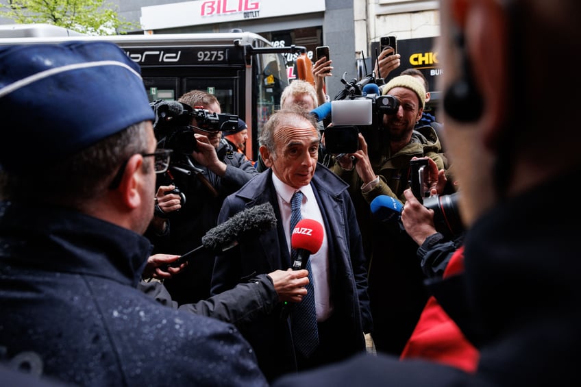 President of French far right party Reconquete Eric Zemmour is denied access by Belgium police to the "NatCon" national conservatism conference gathering hard-right European politicians at the Claridge hotel in Brussesl on April 16, 2024, as Brussels authorities ordered its shutdown, after it was targeted by online protesters and bumped from its first two choices of venue. (Photo by Simon Wohlfahrt / AFP) (Photo by SIMON WOHLFAHRT/AFP via Getty Images)