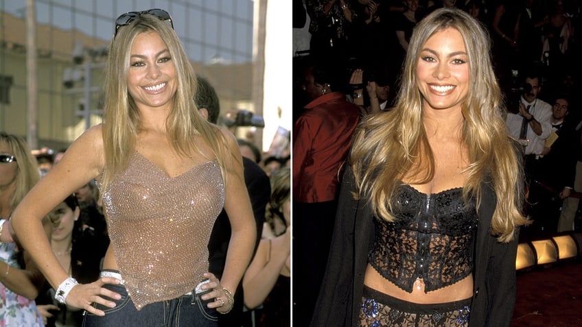 Sofia Vergara with blonde hair at an event in Los Angeles with hands on her hips split Sofia Vergara in a black outfit at an event