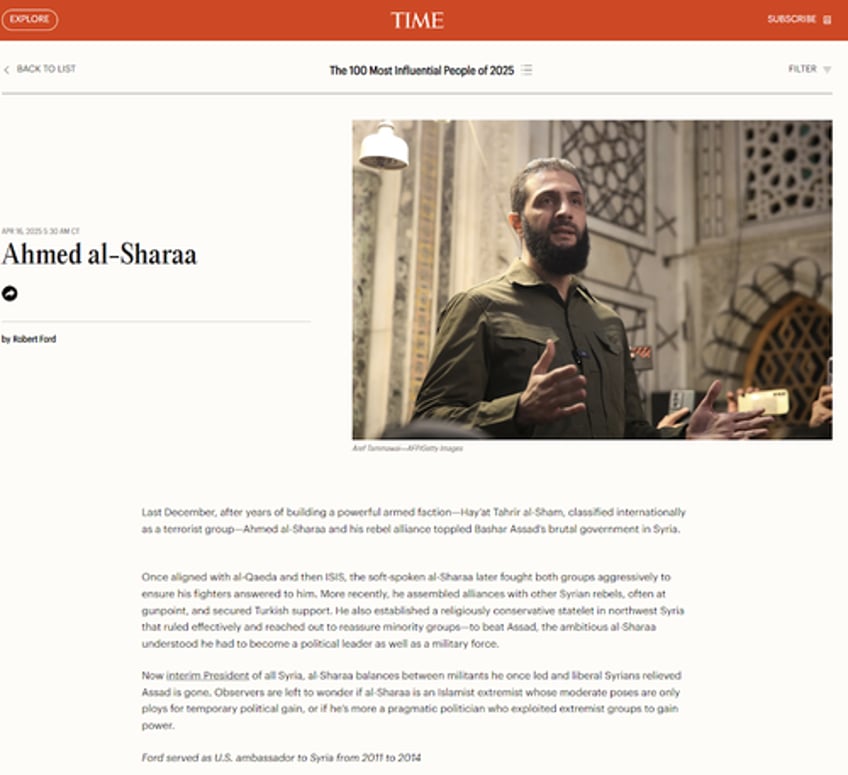soft spoken jolani makes time top 100 list as sectarian massacres continue in syria