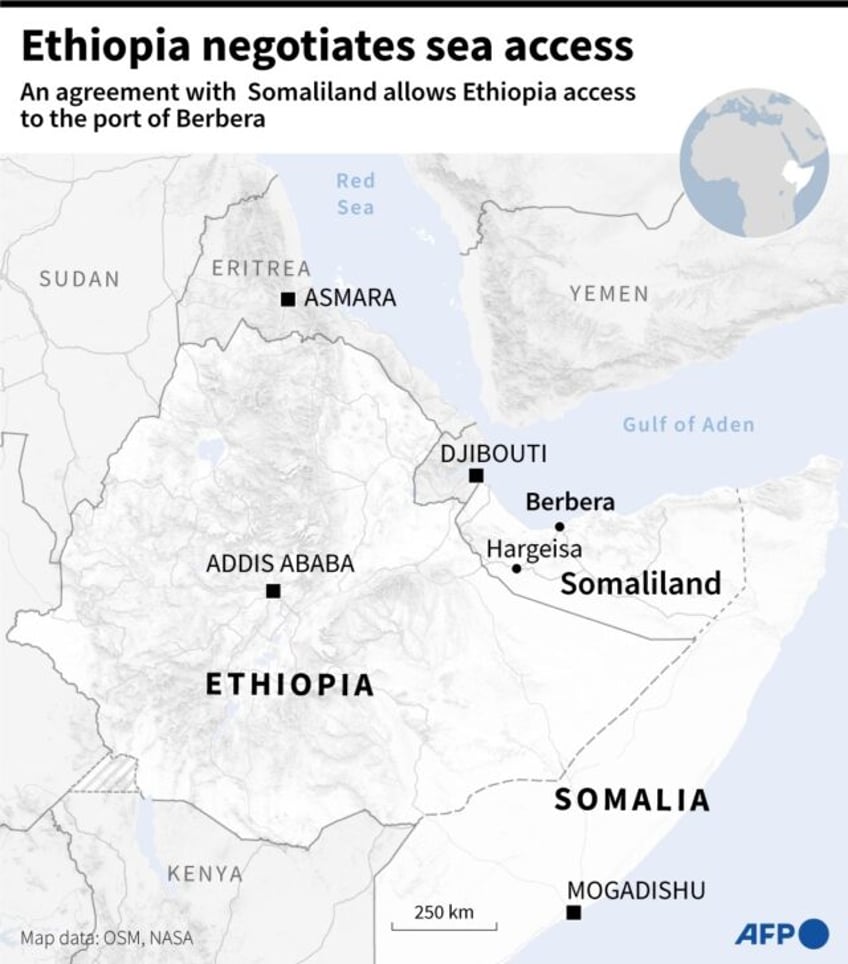 Regional map of East Africa showing the port of Berbera, in the separatist territory of Somaliland, with which Ethiopia has made an agreement to have sea access