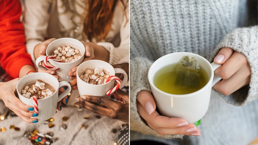 Hands hold hot cocoa, left, and green tea, right.