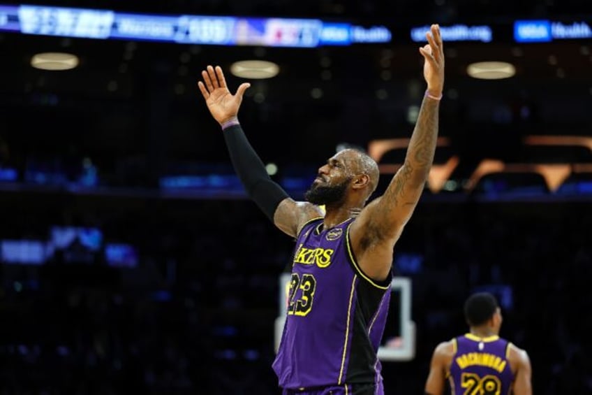 Los Angeles Lakers star LeBron James reacts during a victory over the Golden State Warrior