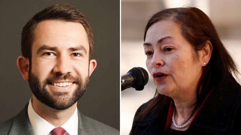 A split image of Georgia Rep. Houston Gaines and Georgia District Attorney Deborah Gonzalez.