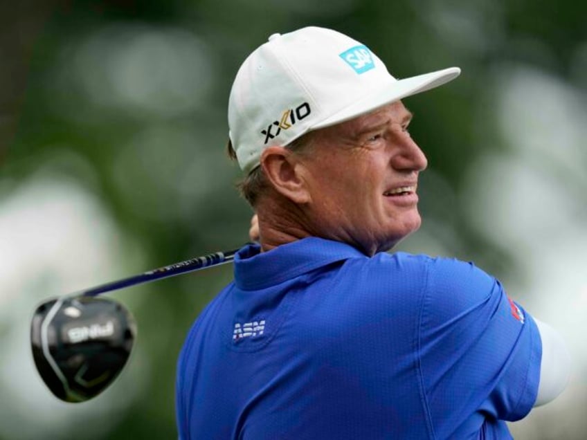 Ernie Els hits on the tenth tee during the final round of the Champions Tour Principal Cha