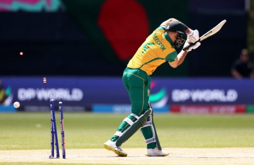 Struggle: South Africa captain Aiden Markram is bowled by Taskin Ahmed of Bangladesh durin