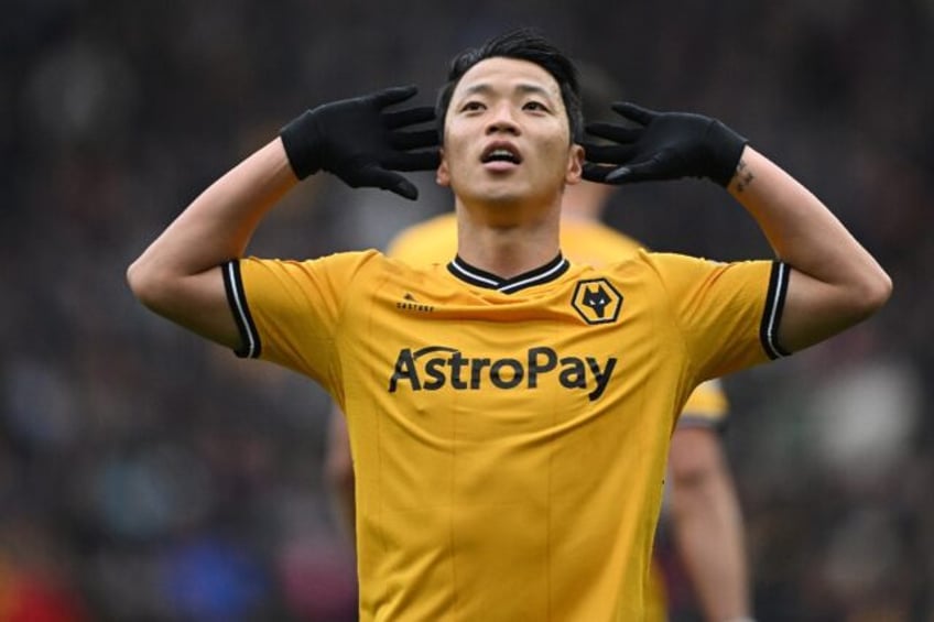 Wolves striker Hwang Hee-chan celebrates scoring against Luton Town at Molineux Stadium in