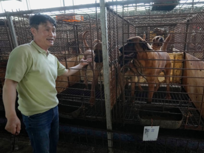 Kim Jong-kil speaks at his dog farm in Pyeongtaek, South Korea, Tuesday, June 27, 2023. Kim says he’s proud of the dog meat farm that has supported his family for 27 years, but is upset over growing attempts by politicians and activists to outlaw the business, which he is turning over to his children. (AP Photo/Ahn Young-joon)