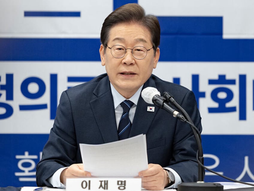 Lee Jae-myung, the presidential candidate of the Democratic Party, speaks during a policy