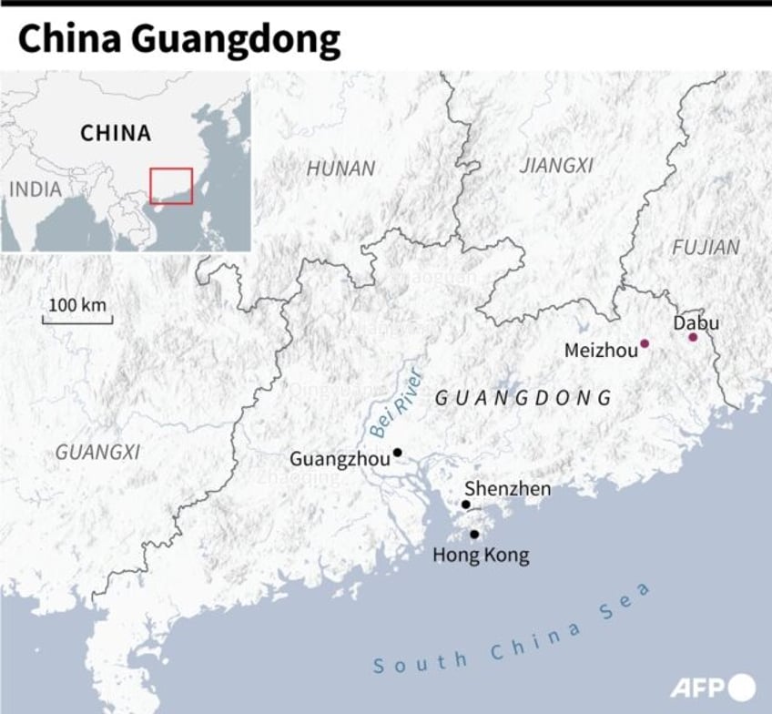 Map of southern China's Guangdong province locating Meizhou and Dabu where a stretch of ro