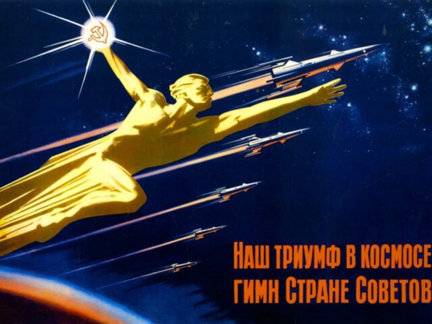Golden Cosmnonaut Flies into Space with Rockets. Artist Communist Party of the USSR, 1963