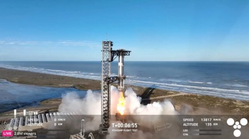 In this screen grab taken from the SpaceX broadcast the Starship's Super Heavy Booster is