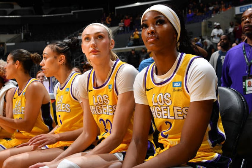 Cameron Brink and Rickea Jackson of the Los Angeles Sparks look on before the game against the Minnesota Lynx on June 5, 2024 at Crypto.com Arena in...