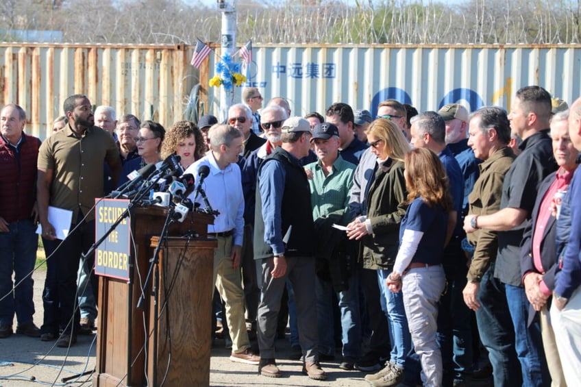 House Speaker Mike Johnson prepares to address the press in Eagle Pass following a border security briefing by Texas Department of Public Safety officials. (Randy Clark/Breitbart Texas)