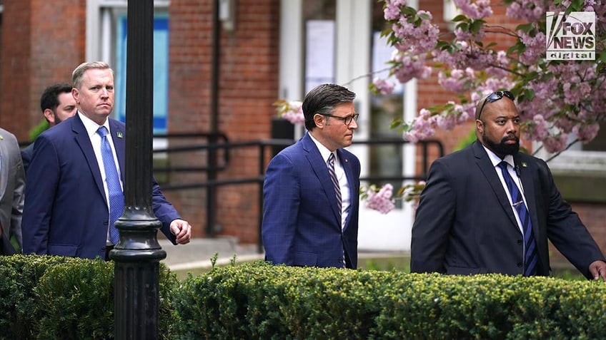 Speaker Michael Johnson arrives to Columbia University with security